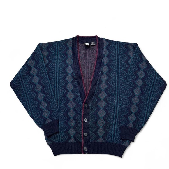 Vintage 90s Jed wear geometric pattern knit cardigan sweater acrylic wool M mens - Picture 1 of 6